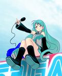  alternate_hairstyle bad_id bad_pixiv_id boots detached_sleeves guitar hair_down hatsune_miku instrument logo long_hair masao microphone necktie pointing sitting skirt smile solo very_long_hair vocaloid 