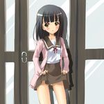  black_hair blush brown_eyes cardigan highres panties pantyshot sakurada_maon school_uniform serafuku short_hair sketch skirt skirt_lift solo tamayura tenjou_ryuka underwear 