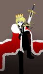  ahoge artoria_pendragon_(all) black_gloves blonde_hair blue_eyes crown excalibur fate/zero fate_(series) formal gloves glowing glowing_eye highres hinagi_(fox_priest) long_hair pant_suit reverse_trap saber simple_background sitting solo suit sword weapon 