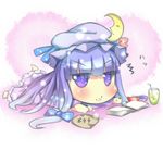  amatsuki_hotaru book chibi crescent eating hat highres long_hair lying on_stomach patchouli_knowledge purple_eyes purple_hair solo touhou 