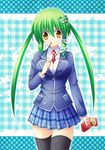  alternate_costume black_legwear blush breasts food frog_hair_ornament green_hair hair_ornament kochiya_sanae large_breasts long_hair looking_at_viewer osashin_(osada) pocky school_uniform smile solo thighhighs touhou twintails yellow_eyes 