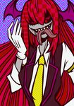  arm_garter bat_wings crazy_eyes dress_shirt forked_tongue gloves grey_skin head_wings horror_(theme) koakuma long_hair long_sleeves long_tongue necktie nimai-jita pale_skin purple_wings red_hair sharp_teeth shirt solo spoilers teeth third_eye tongue touhou very_long_hair vest wings yellow_neckwear 