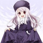  b-cat fate/zero fate_(series) hat illyasviel_von_einzbern purple_hat red_eyes silver_hair skirt_hold snowing solo white_hair younger 