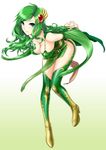  arms_behind_back bent_over blue_eyes boots breasts final_fantasy final_fantasy_iv green green_footwear green_hair green_leotard hair_ornament hanging_breasts high_heels large_breasts leaning_forward leotard long_hair rydia shoes solo st.germain-sal thighhighs 