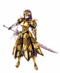  alternate_color armor breasts capcom female girl gloves gold_rathian katatuki longsword monster_hunter open_mouth purple_eyes purple_hair rathian_(armor) simple_background sword weapon 