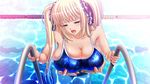  blonde_hair blush breast_grab breasts cleavage from_behind grabbing huge_breasts kyonyuu_majo nipple_tweak nipples one-piece_swimsuit pool saliva swimsuit tenma_cecile tongue twintails waffle wet 