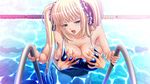  blonde_hair blush breast_grab breasts cleavage from_behind grabbing huge_breasts kyonyuu_majo one-piece_swimsuit pool saliva swimsuit tenma_cecile tongue twintails waffle wet 