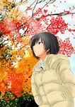  amagami autumn black_eyes black_hair bob_cut coat leaf looking_up murasaki_iro nanasaki_ai short_hair solo tree 
