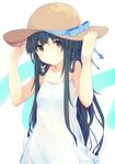  bad_id bad_pixiv_id black_hair brown_eyes dress hands_on_headwear hat hat_ribbon highres ogipote original ribbon sleeveless sleeveless_dress smile solo sun_hat sundress white_dress 