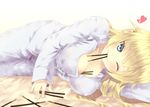  ben-tou between_breasts blonde_hair blue_eyes breasts cleavage food heart kouji_(campus_life) large_breasts long_hair lying one_eye_closed pajamas pocky shaga_ayame smile solo 