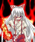  aura blood blood_on_face bow burning_hand crazy fangs fire fujiwara_no_mokou hair_bow highres long_hair long_sleeves purple_eyes red solo suspenders touhou white_hair 