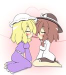  blonde_hair blush brown_hair closed_eyes dress food hair_ribbon hat heart heart_of_string maribel_hearn multiple_girls pocky pocky_kiss ribbon senba_chidori shared_food short_hair sitting touhou usami_renko wariza yuri 