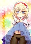  alice_margatroid blonde_hair blue_eyes blush brown_legwear capelet dress dress_lift hairband looking_at_viewer panties panties_under_pantyhose pantyhose see-through sen1986 short_hair side-tie_panties solo touhou underwear 