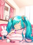  :3 aqua_hair bed cellphone closed_eyes hatsune_miku jewelry long_hair lying matsuda_suzuri mirror nail_polish on_bed on_stomach phone pillow solo stuffed_animal stuffed_bunny stuffed_toy twintails vocaloid 