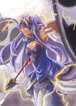 female highres katatuki polearm purple_hair red_eyes smile spear thunder weapon 