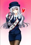  cosplay cuffs gloves handcuffs hat heart idolmaster idolmaster_(classic) miri_(roll) necktie one_eye_closed pantyhose pencil_skirt pointing police purple_eyes shijou_takane skirt smile solo 
