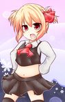  alternate_hairstyle black_legwear blonde_hair chiya fang hair_ribbon heart heart-shaped_pupils highres navel red_eyes ribbon rumia short_twintails solo symbol-shaped_pupils thighhighs touhou twintails 
