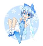  :3 bad_id bad_pixiv_id bloomers blue_eyes blue_hair bobby_socks bow bowtie child cirno dress jigatei_(omijin) mary_janes paw_pose shoes snowflakes socks solo tongue touhou underwear white_legwear wings 