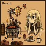  blonde_hair bug butterfly cake flower food fork gia insect long_hair original sepia solo tea 