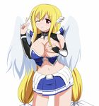  artist_request astraea blonde_hair blush breasts long_hair miniskirt red_eyes skirt solo sora_no_otoshimono thighs wings wink 