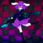  animal_ears bunny_ears checkered checkered_background eyelashes gun kneehighs minumi pose purple_background purple_hair purple_skirt red_eyes reisen rifle short_hair skirt smile solo touhou weapon 