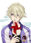  blonde_hair ivan_karelin jacket kawausokawaii letterman_jacket male_focus pinwheel purple_eyes purple_jacket solo tiger_&amp;_bunny 