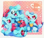  angry biting clone closed_eyes fangs gen_2_pokemon heart kuo no_humans open_mouth pink_eyes pokemon pokemon_(creature) polka_dot polka_dot_background sharp_teeth smile sweatdrop tail tail_biting teeth totodile 