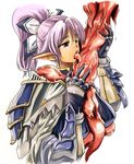  armor blush female girl gloves highres katatuki licking open_mouth purple_eyes purple_hair tentacle tongue 