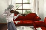  bow bow_(instrument) couch curtains email555 grey_hair hair_bow instrument long_hair male_focus pale_skin ponytail scenery sheet_music solo tiger_&amp;_bunny violin window yuri_petrov 