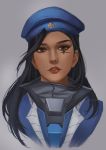  1girl absurdres alternate_costume ana_(overwatch) artist_name beret black_hair blue_jacket brown_eyes captain_amari close-up dark_skin eyelashes eyeliner eyeshadow face facial_mark facial_tattoo grey_background hat highres jacket lips long_hair looking_at_viewer makeup nose overwatch parted_lips portrait realistic shiro-hane signature simple_background smile solo tattoo upper_teeth younger 