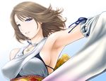  armpits breasts brown_hair detached_sleeves final_fantasy final_fantasy_x heterochromia jewelry large_breasts necklace sideboob solo st.germain-sal upper_body yuna_(ff10) 