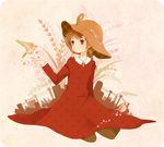  animal animal_on_head ayu_(mog) bad_id bad_pixiv_id bird bird_on_head black_legwear braid brown_eyes brown_hair bucket_hat dress hat long_hair on_head original outstretched_hand pantyhose power_lines red_dress sitting skyline solo tears telephone_pole 