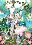  alteil alteil_battle_rpg alternate_costume aqua_hair armor dress fantasy flower gauntlets grass green_eyes hatsune_miku jpeg_artifacts knight long_hair miogrobin official_art plant skirt solo sword twintails very_long_hair vines vocaloid weapon 