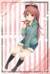  apple bad_id bad_pixiv_id boots bow denim denim_shorts food fruit hair_bow highres holding holding_food holding_fruit hood hoodie kazuki_shino long_hair mahou_shoujo_madoka_magica ponytail red_eyes red_hair sakura_kyouko shorts solo 