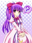  ? alternate_hairstyle blush bow breasts crescent dress hair_bow hat hat_removed headwear_removed long_hair patchouli_knowledge ponytail purple_eyes purple_hair small_breasts solo touhou whitey 