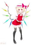  absurdres arms_behind_back ascot black_legwear blonde_hair crystal flandre_scarlet hat hat_ribbon highres looking_at_viewer no_shoes oouso open_mouth red_eyes ribbon shirt short_hair side_ponytail simple_background skirt skirt_set smile solo thighhighs touhou wings zettai_ryouiki 