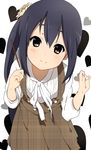  alternate_hairstyle black_hair blush brown_dress brown_eyes dress flower food hair_flower hair_ornament heart k-on! leaning_forward looking_at_viewer nakano_azusa official_style ogipote pocky shirt side_ponytail smile solo 