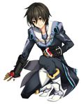  black_hair brown_eyes gauntlets highres jude_mathis kmikan male_focus solo squatting tales_of_(series) tales_of_xillia white_background 