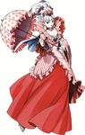  breasts cape choker cleavage dress earrings feather feathers flower frilled_dress frills frilly_dress gensou_suikoden gensou_suikoden_v hair_flower hair_ornament hair_up highres jewelry josephine josephine_(suikoden) jpeg_artifacts official_art parasol photoshop pink_dress purple_eyes red_dress rose scan silver_hair suikoden suikoden_v umbrella 