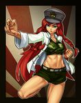  alternate_costume bare_legs blue_eyes braid breasts camouflage camouflage_tank_top chinese_clothes cleavage crop_top fighting_stance hat hong_meiling linistic long_hair medium_breasts midriff navel open_clothes open_shirt red_hair rising_sun shirt shorts solo standing standing_on_one_leg star sunburst tank_top touhou twin_braids woodland_pattern 
