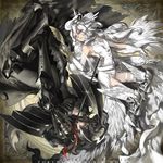  1girl armor black_hair black_vs_white blue_eyes cape gauntlets gen_5_pokemon gloves helmet highres long_hair personification pokemon rapier rei_(sanbonzakura) reshiram sword very_long_hair weapon white_hair wings zekrom 