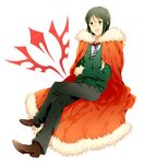  asababa bangs cape crossed_arms fate/zero fate_(series) green_eyes green_hair highres male_focus necktie parted_bangs simple_background sitting solo waver_velvet 