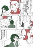  beard bob_cut comic eating facial_hair fate/zero fate_(series) food green_hair monochrome multiple_boys necktie red_hair rider_(fate/zero) senbei tasuku television translation_request waver_velvet 