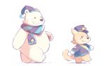  2018 anthro bear belly blush canine clothed clothing dog duo hat kui male mammal one_eye_closed overweight overweight_male polar_bear scarf simple_background wink wonder_parade 