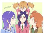  aono_miki bad_id bad_pixiv_id brown_hair christian_private_white_clover_academy_school_uniform closed_eyes eyelashes food fresh_precure! hairband higashi_setsuna long_hair momozono_love mouth_hold multiple_girls necktie negom orange_hair pocky pocky_kiss precure profile public_yotsuba_middle_school_uniform purple_eyes purple_hair red_eyes school_uniform shared_food side_ponytail sweatdrop torigoe_gakuen_school_uniform twintails yamabuki_inori yuri 