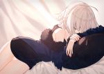  1girl ahoge bare_legs bare_shoulders bed bed_sheet black_dress coat commentary_request curtains dress fate/grand_order fate_(series) fur-trimmed_coat fur-trimmed_jacket fur_collar fur_trim jacket jeanne_d&#039;arc_alter jeanne_d'arc_(alter)_(fate) jeanne_d'arc_(fate)_(all) lying nail_polish on_side red_nails short_dress silver_hair wicked_dragon_witch_ver._shinjuku_1999 yuno_tsuitta 