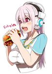  breasts food hamburger headphones large_breasts long_hair miyamoto_issa nitroplus open_mouth pink_eyes pink_hair simple_background solo super_sonico 