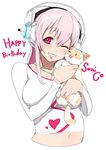  breasts cat happy_birthday headphones jewelry large_breasts long_hair miyamoto_issa necklace nitroplus one_eye_closed pink_eyes pink_hair simple_background solo super_sonico sweater 