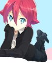  bad_id bad_pixiv_id eka_eri green_eyes inazuma_eleven inazuma_eleven_(series) kiyama_hiroto lying male_focus on_stomach red_hair sleeves_past_wrists socks solo 