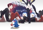  2boys apple bad_id bad_pixiv_id bird black_legwear blue_hair boots food fruit green_eyes hair_ribbon hands_on_hips highres holding holding_food holding_fruit mawaru_penguindrum multiple_boys penguin penguin_1-gou penguin_2-gou penguin_3-gou princess_of_the_crystal red_hair ribbon ryuh_(yuh_h_0719) school_uniform takakura_himari takakura_kanba takakura_shouma thigh_boots thighhighs 